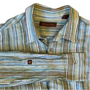 Tori Richard Men's Linen Cotton Striped Long Sleeve Button Up Large Blue Green